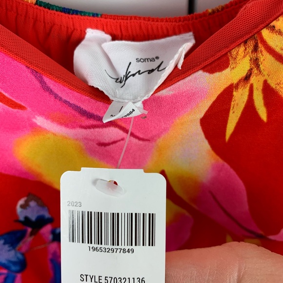 NWT Soma MEDIUM Tiered Satin Maxi Bra Dress Red Tropical Vacation Beach - Picture 3 of 10